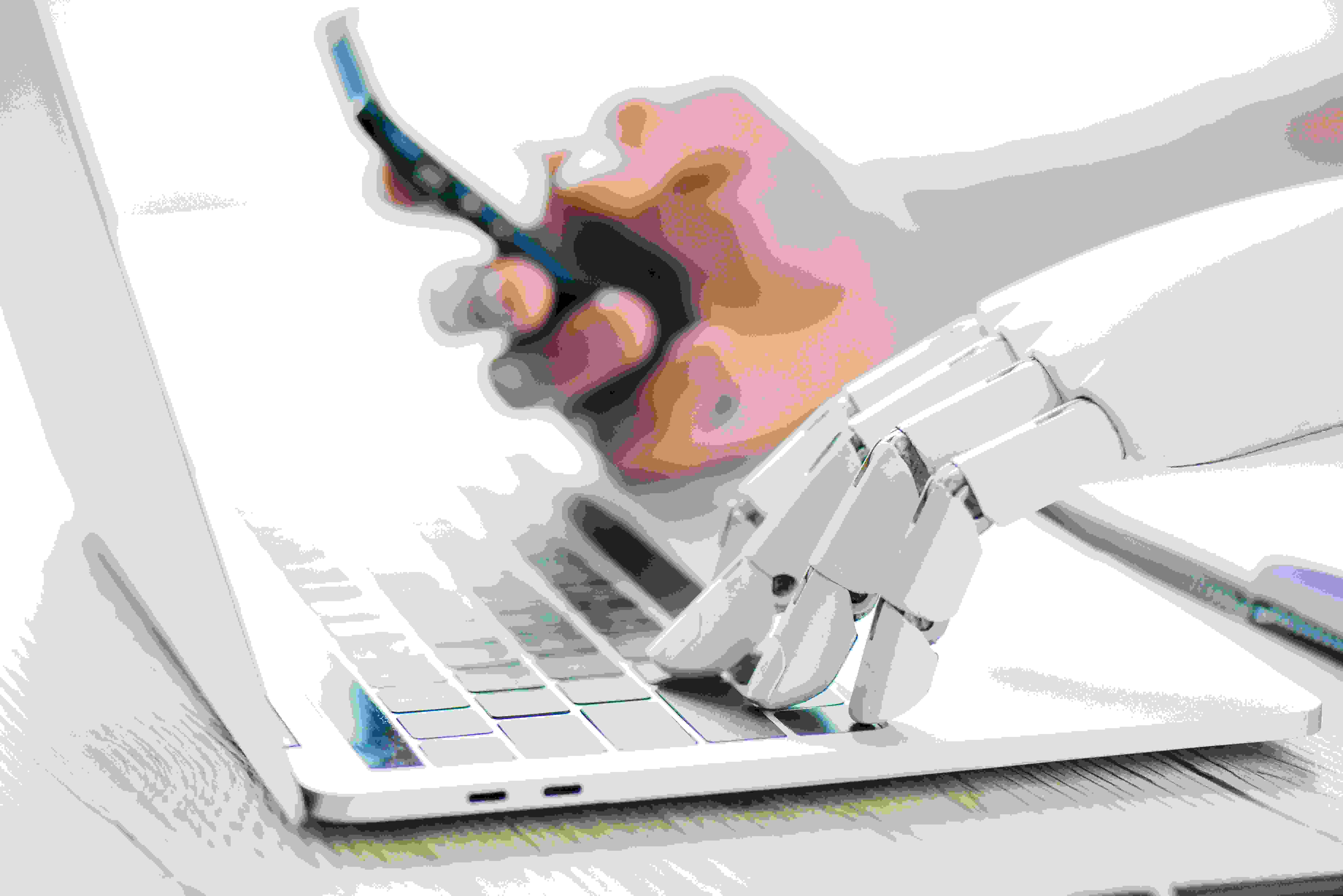 Robot And Human On Keyboard